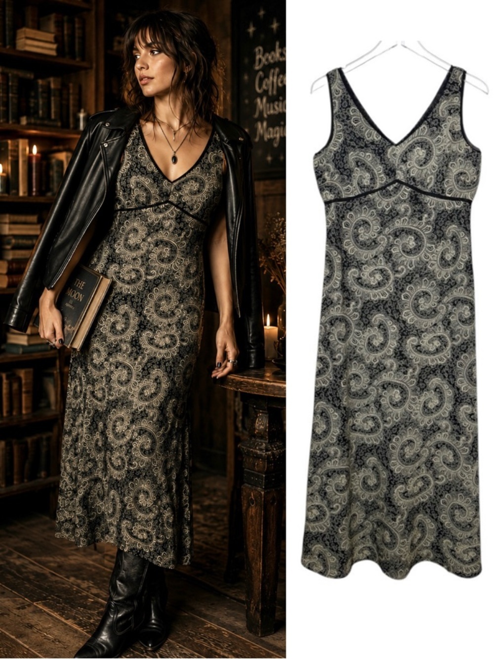Vintage Practical Magic Baby Doll V Neck Paisley Witchy Women’s Maxi Dress Sz 6